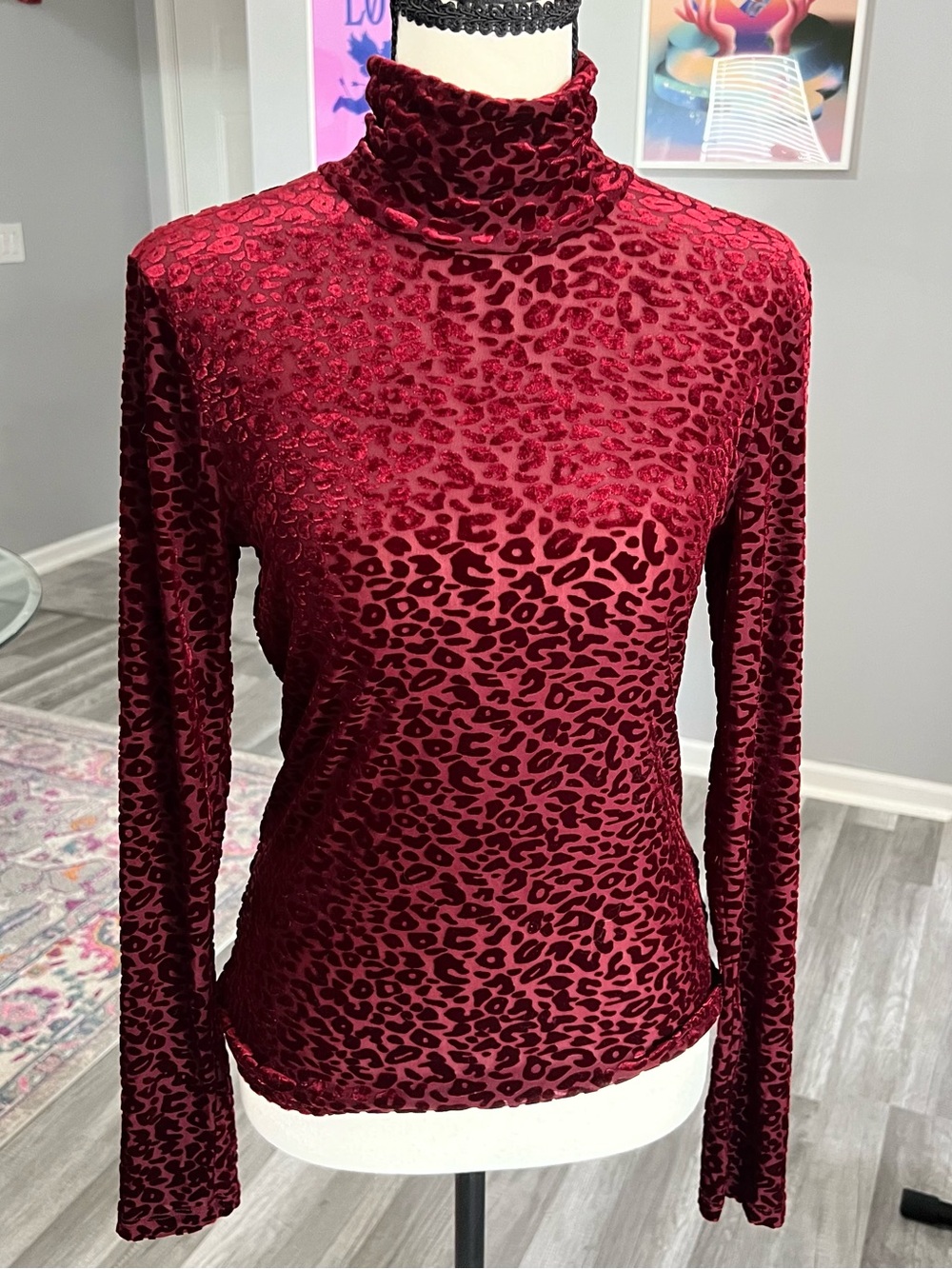 Forever21 Velvet Leopard Print Turtleneck Long Sleeve Top - Burgundy